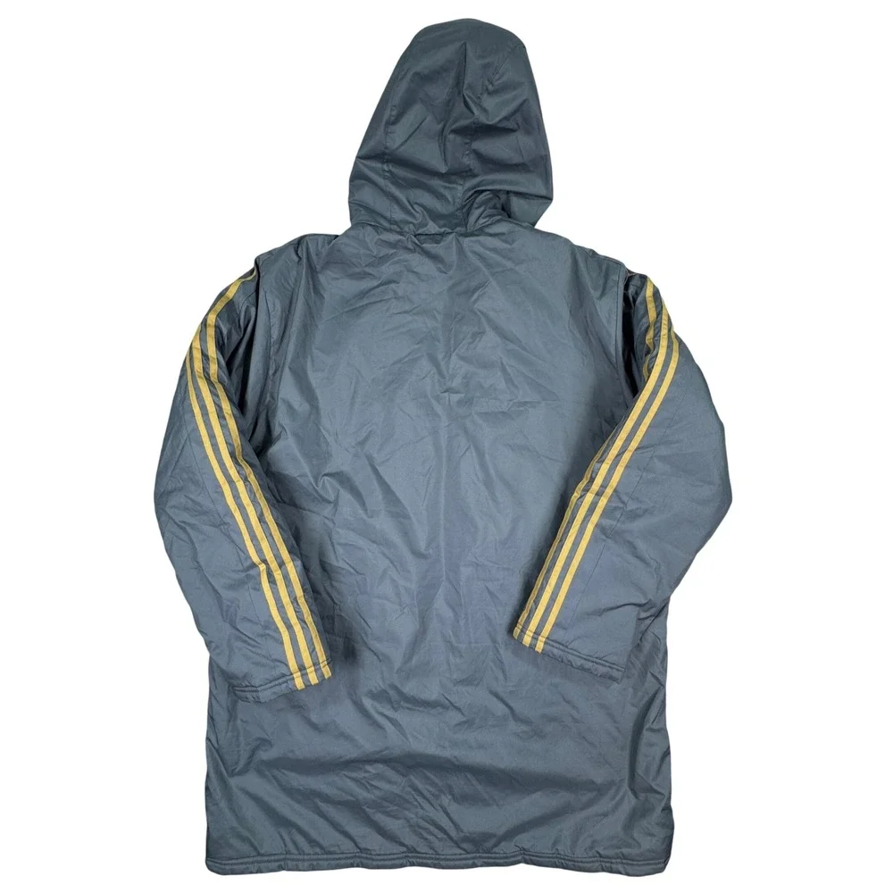 Adidas Men's Hooded Puffer Parka Jacket Gray Gold Three Stripe Size XL Winter